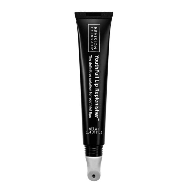 A black tube of Revision Skincare YouthFull Lip Replenisher with a rollerball applicator.
