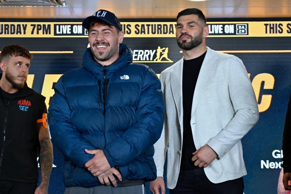 Dave Allen laughs in the face off with Filip Hrgovic during the Dave Allen vs Filip Hrgovic Final Press Conference at the Eco-Power Stadium, Doncaster, England on 14 May 2026 Credit: Connor McMain/Every Second Media