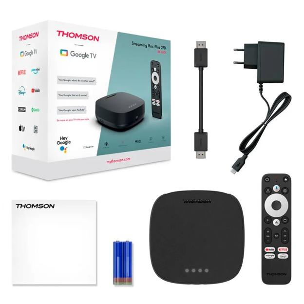 A complete set of Thomson Streaming Box Plus 270 4K UHD, including the box, remote, power adapter, HDMI cable, and batteries.