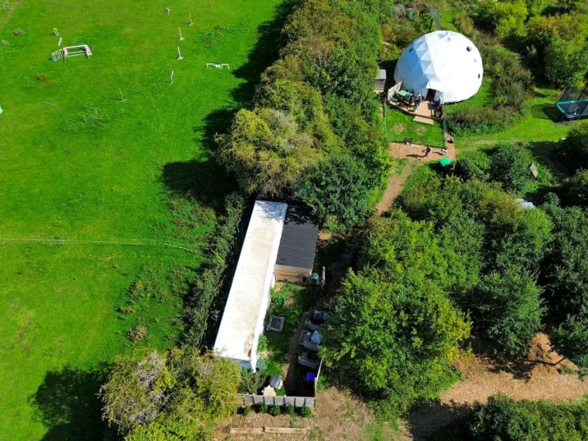 Aerial view of the Jolly Moon site off-grid living space in the Hampshire countryside.