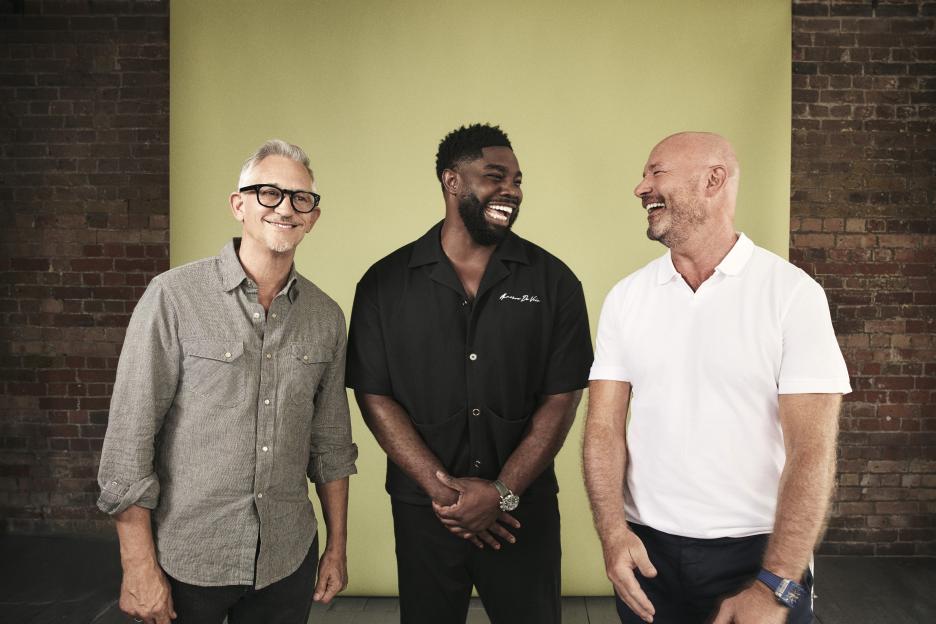 Alan Shearer, Gary Lineker, and Micah Richards record "The Rest Is Football" podcast.