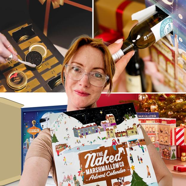 Collage of a woman holding a marshmallow advent calendar, a hand removing a small bottle of wine from a wine advent calendar, and a hand scooping caviar from a caviar advent calendar.