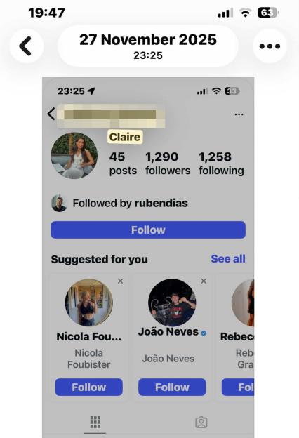 A social media profile for a user named Claire, showing 45 posts, 1,290 followers, and 1,258 following.