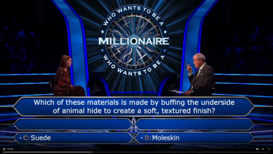 Jeremy Clarkson and a contestant on the set of Who Wants To Be A Millionaire, with a question and two answer choices visible.