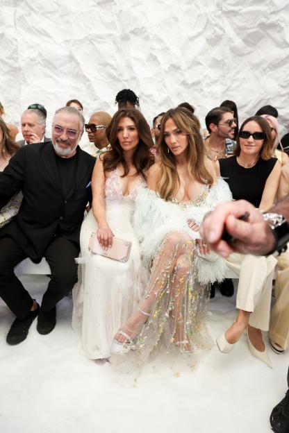 Nikos Tsakos, Linda Lopez, and Jennifer Lopez attend the Celia Kritharioti Haute Couture Fall/Winter 2026/2027 show.