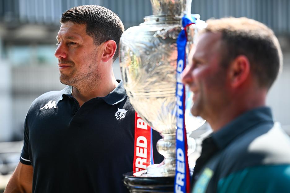 Wigan boss Matt Peet (left) with the Challenge Cup trophy.