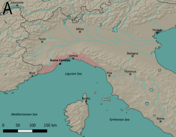 Map showing the location of Arene Candide in Italy, highlighted in red.