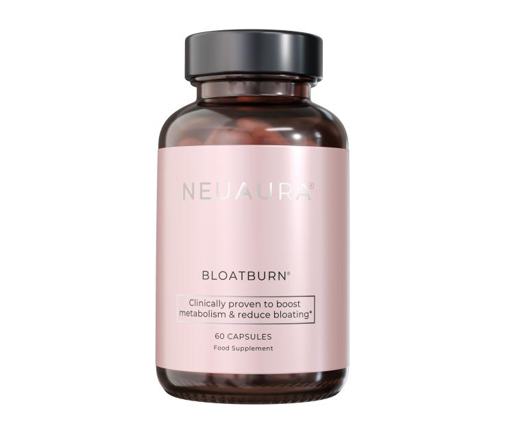 Neuara Bloatburn bottle with 60 capsules, a food supplement clinically proven to boost metabolism and reduce bloating.