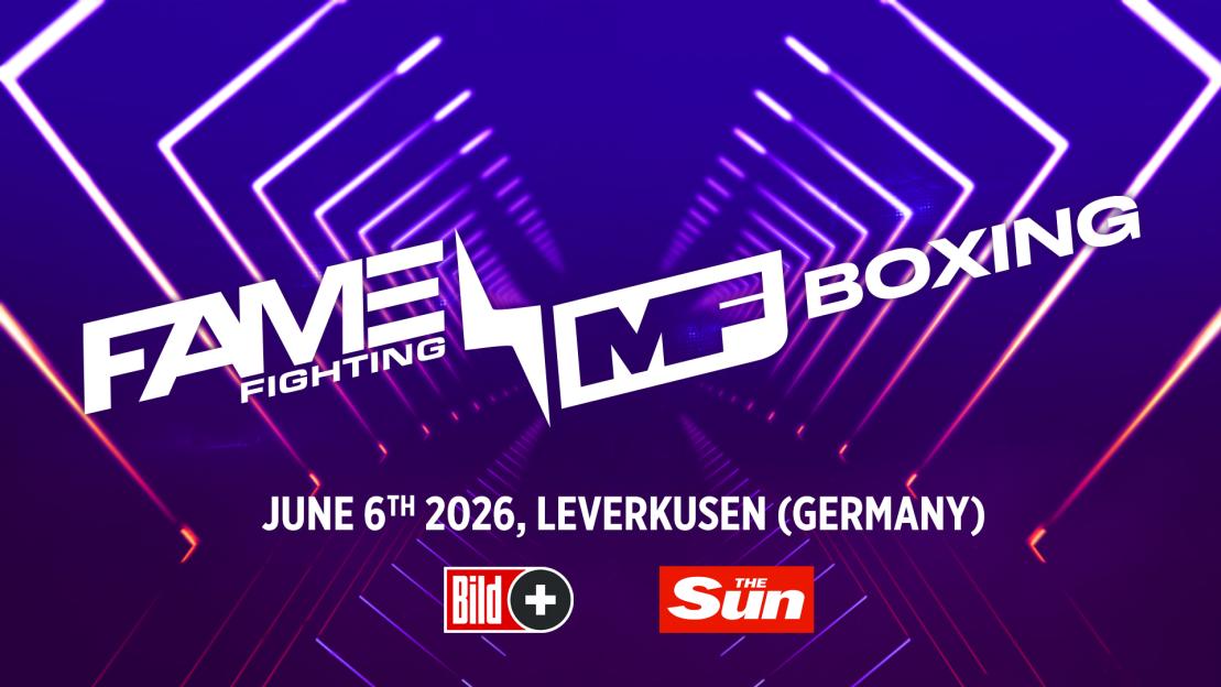 Illustration of the FAME FIGHTING MF BOXING event on June 6th, 2026, in Leverkusen, Germany, with logos for Bild+ and The Sun.