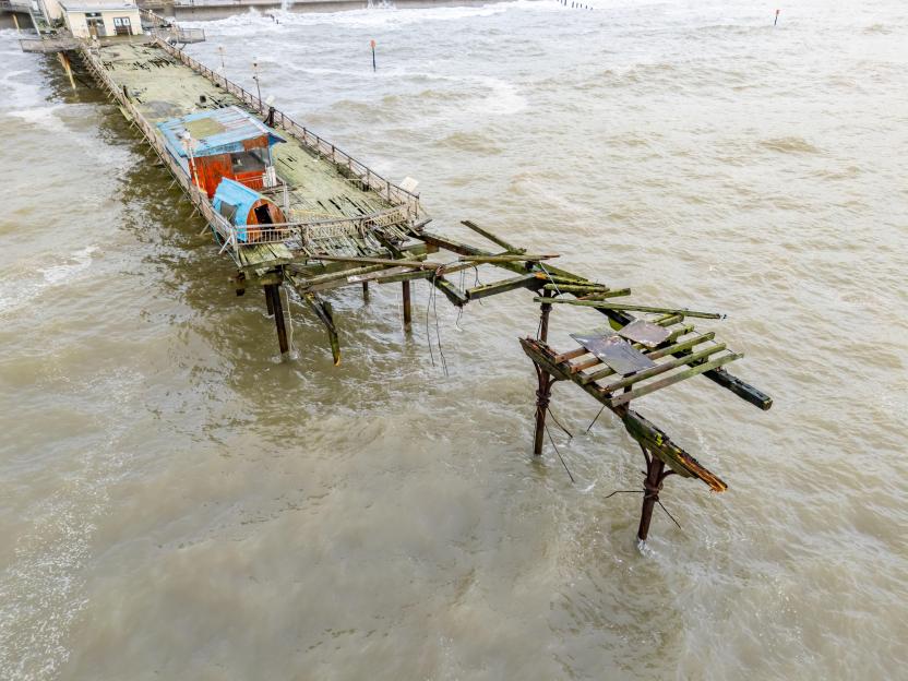 Aerial photo of Teignmouth Pier partially destroyed by Storm Ingrid.