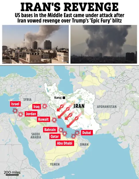Collage of two images showing smoke plumes over cities and a map of US bases attacked in the Middle East.