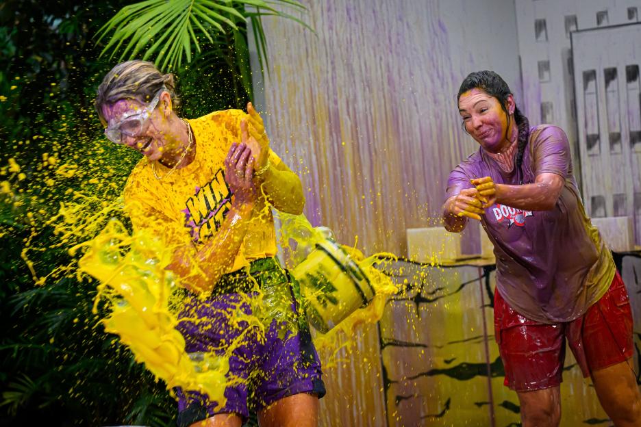 Vogue Williams and Kelly Brook participating in an "I'm a Celebrity... Get Me Out of Here!" challenge.