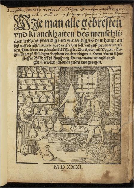 Illustration of a man and woman making medical recipes in early modern Germany, with text above.