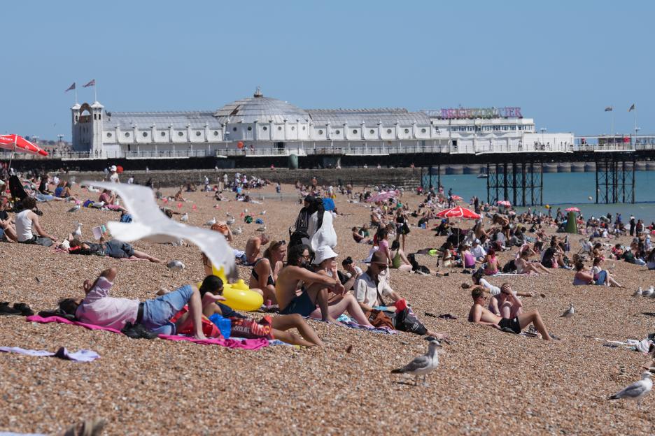People sunbathing on the pebble beach at Brighton, East Sussex, with the Brighton Palace Pier in the background.