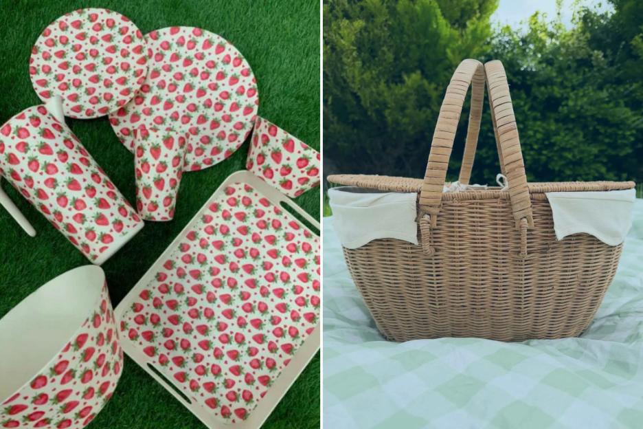 An image collage containing 2 images, Image 1 shows Dinnerware set with a strawberry and heart pattern, including plates, a pitcher, a cup, a bowl, and a tray, Image 2 shows Wicker picnic basket with white liner on a green and white checkered blanket