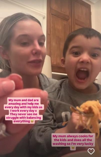 Helen Flanagan feeding her child spaghetti.