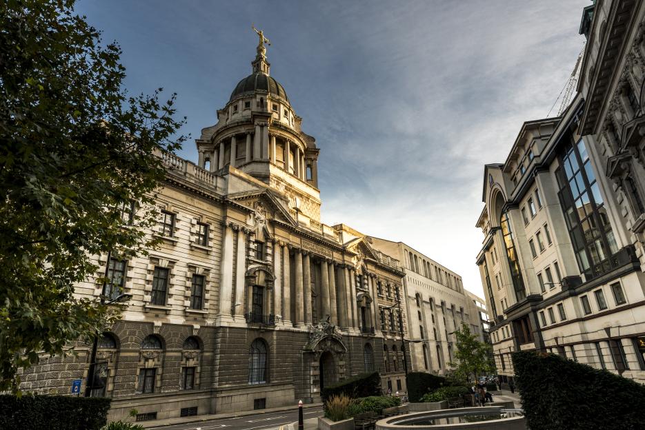 The Central Criminal Court of England and Wales known as the Old Bailey from the street on which it
