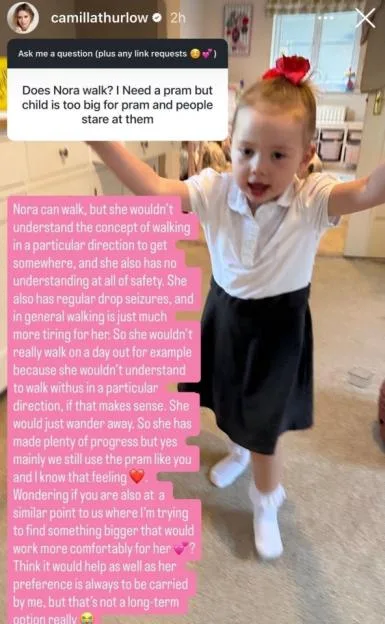Love Island’s Camilla Thurlow reveals daughter Nora, 4, is still using a pram as she opens up on tragic health struggle