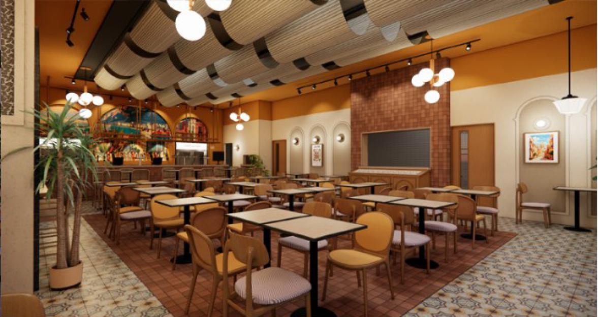 Illustration of the interior of a Wetherspoon pub with many tables and chairs, a large bar, and decorative ceiling panels.
