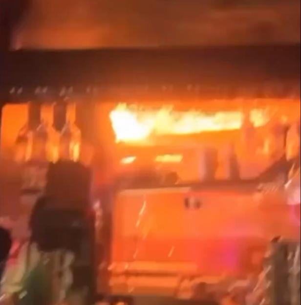 Bar area engulfed in flames.