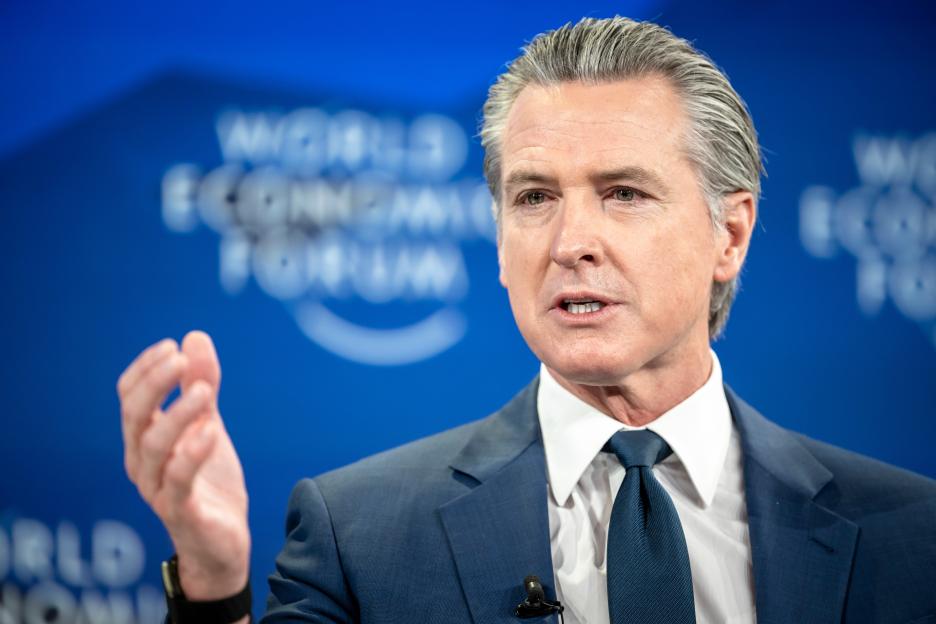 Gavin Newsom speaking during a session at the World Economic Forum in Davos, Switzerland.