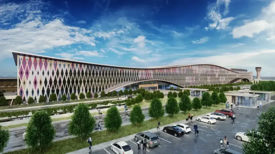 Illustration of the new airport project in Trabzon, Turkey, featuring a modern terminal building with a patterned facade, parking lot, and surrounding greenery.