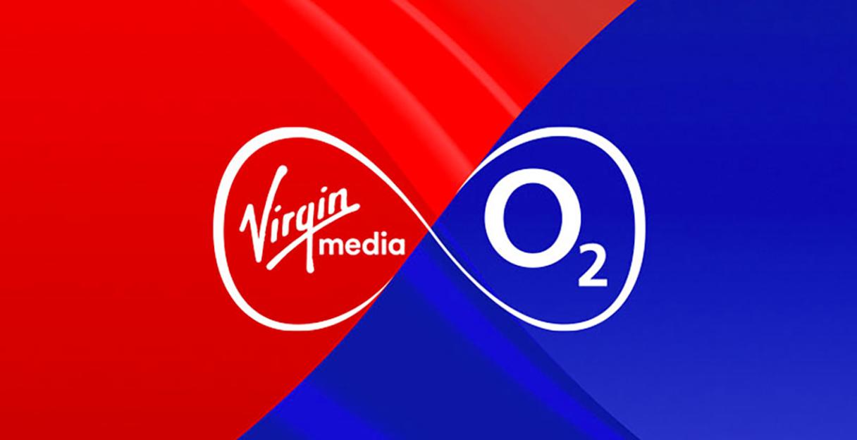 Virgin Media and O2 logos on a red and blue background.